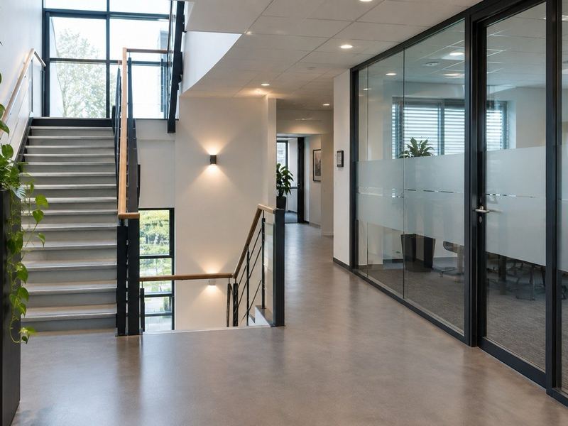 Sauberes Bürogebäude mit Treppenhaus und Glaswand