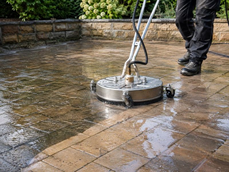 Flächenreiniger reinigt eine gepflasterte Terrasse