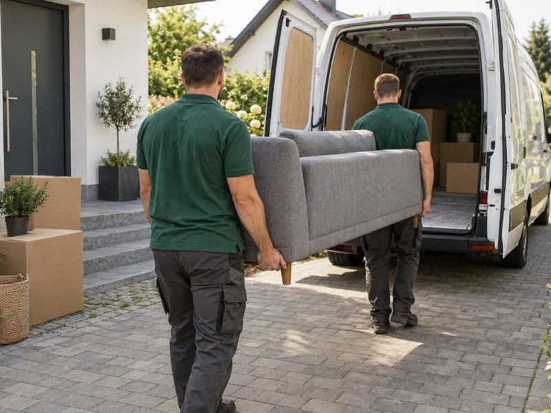 Zwei Mitarbeiter tragen ein Sofa zum Transporter